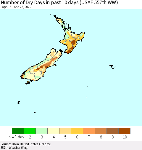 New Zealand Number of Dry Days in past 10 days (USAF 557th WW) Thematic Map For 4/21/2022 - 4/25/2022