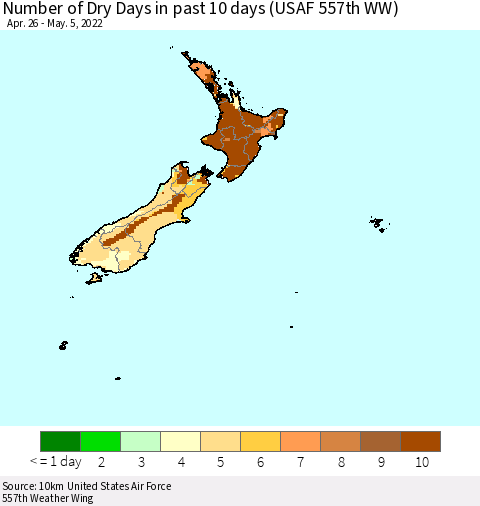 New Zealand Number of Dry Days in past 10 days (USAF 557th WW) Thematic Map For 5/1/2022 - 5/5/2022