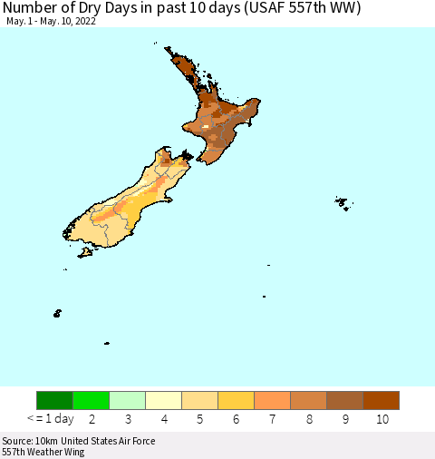 New Zealand Number of Dry Days in past 10 days (USAF 557th WW) Thematic Map For 5/6/2022 - 5/10/2022