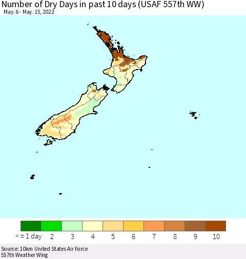 New Zealand Number of Dry Days in past 10 days (USAF 557th WW) Thematic Map For 5/11/2022 - 5/15/2022