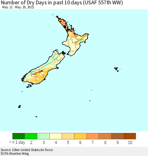New Zealand Number of Dry Days in past 10 days (USAF 557th WW) Thematic Map For 5/16/2022 - 5/20/2022
