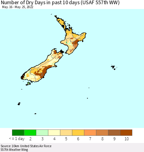 New Zealand Number of Dry Days in past 10 days (USAF 557th WW) Thematic Map For 5/21/2022 - 5/25/2022