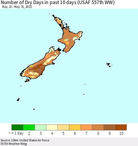 New Zealand Number of Dry Days in past 10 days (USAF 557th WW) Thematic Map For 5/26/2022 - 5/31/2022