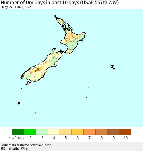 New Zealand Number of Dry Days in past 10 days (USAF 557th WW) Thematic Map For 6/1/2022 - 6/5/2022