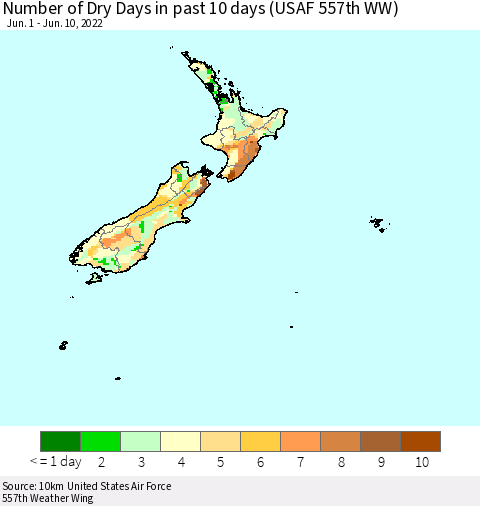 New Zealand Number of Dry Days in past 10 days (USAF 557th WW) Thematic Map For 6/6/2022 - 6/10/2022