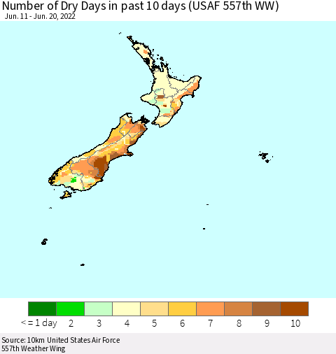 New Zealand Number of Dry Days in past 10 days (USAF 557th WW) Thematic Map For 6/16/2022 - 6/20/2022