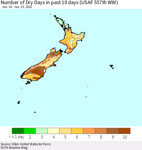 New Zealand Number of Dry Days in past 10 days (USAF 557th WW) Thematic Map For 6/21/2022 - 6/25/2022