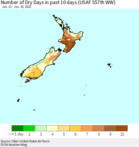 New Zealand Number of Dry Days in past 10 days (USAF 557th WW) Thematic Map For 6/26/2022 - 6/30/2022