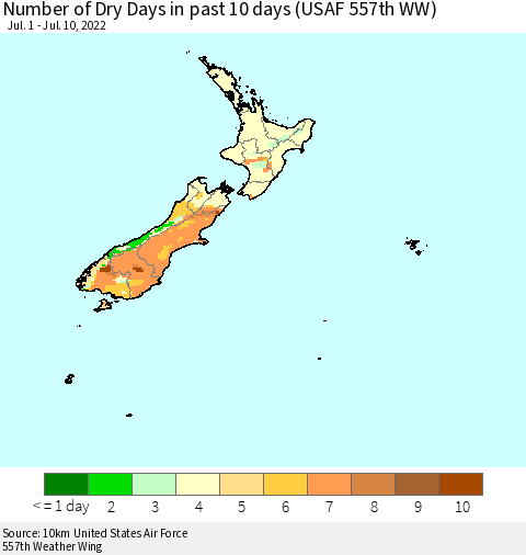 New Zealand Number of Dry Days in past 10 days (USAF 557th WW) Thematic Map For 7/6/2022 - 7/10/2022