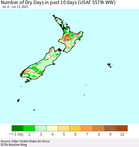 New Zealand Number of Dry Days in past 10 days (USAF 557th WW) Thematic Map For 7/11/2022 - 7/15/2022