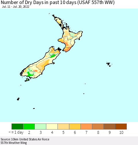New Zealand Number of Dry Days in past 10 days (USAF 557th WW) Thematic Map For 7/16/2022 - 7/20/2022