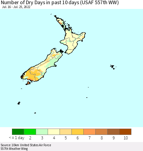 New Zealand Number of Dry Days in past 10 days (USAF 557th WW) Thematic Map For 7/21/2022 - 7/25/2022