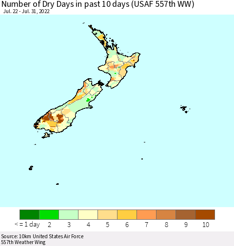 New Zealand Number of Dry Days in past 10 days (USAF 557th WW) Thematic Map For 7/26/2022 - 7/31/2022