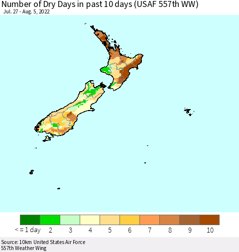 New Zealand Number of Dry Days in past 10 days (USAF 557th WW) Thematic Map For 8/1/2022 - 8/5/2022