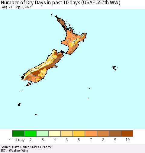 New Zealand Number of Dry Days in past 10 days (USAF 557th WW) Thematic Map For 9/1/2022 - 9/5/2022