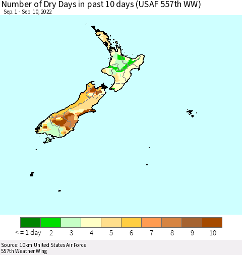 New Zealand Number of Dry Days in past 10 days (USAF 557th WW) Thematic Map For 9/6/2022 - 9/10/2022
