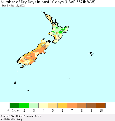 New Zealand Number of Dry Days in past 10 days (USAF 557th WW) Thematic Map For 9/11/2022 - 9/15/2022