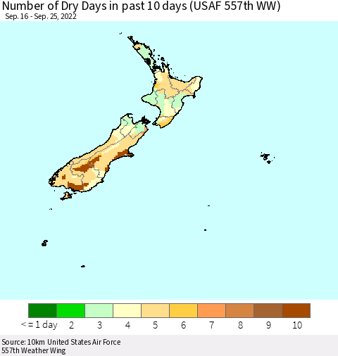 New Zealand Number of Dry Days in past 10 days (USAF 557th WW) Thematic Map For 9/21/2022 - 9/25/2022