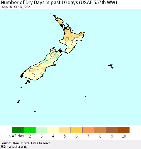 New Zealand Number of Dry Days in past 10 days (USAF 557th WW) Thematic Map For 10/1/2022 - 10/5/2022