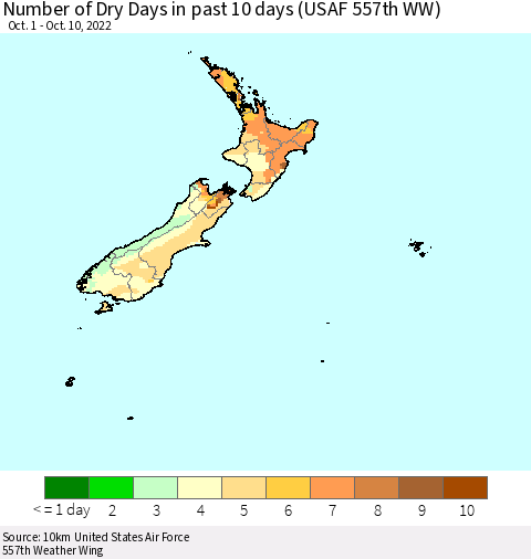 New Zealand Number of Dry Days in past 10 days (USAF 557th WW) Thematic Map For 10/6/2022 - 10/10/2022