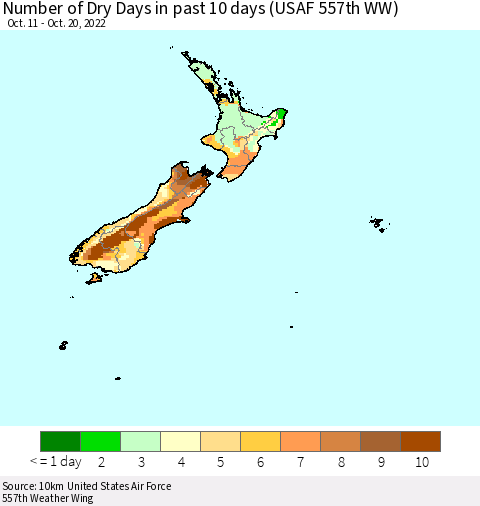 New Zealand Number of Dry Days in past 10 days (USAF 557th WW) Thematic Map For 10/16/2022 - 10/20/2022