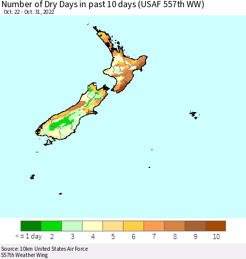 New Zealand Number of Dry Days in past 10 days (USAF 557th WW) Thematic Map For 10/26/2022 - 10/31/2022