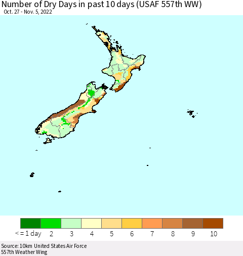 New Zealand Number of Dry Days in past 10 days (USAF 557th WW) Thematic Map For 11/1/2022 - 11/5/2022