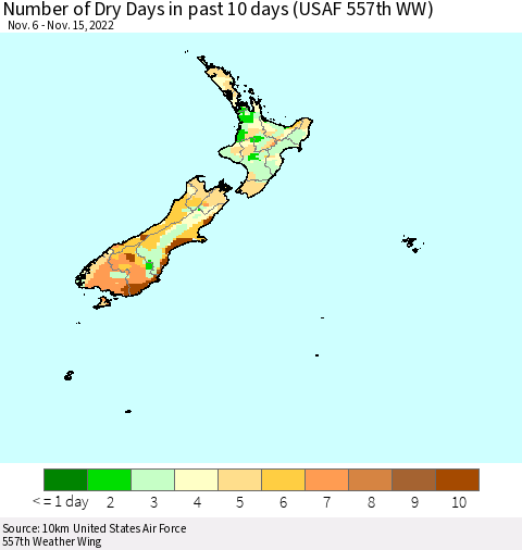 New Zealand Number of Dry Days in past 10 days (USAF 557th WW) Thematic Map For 11/11/2022 - 11/15/2022