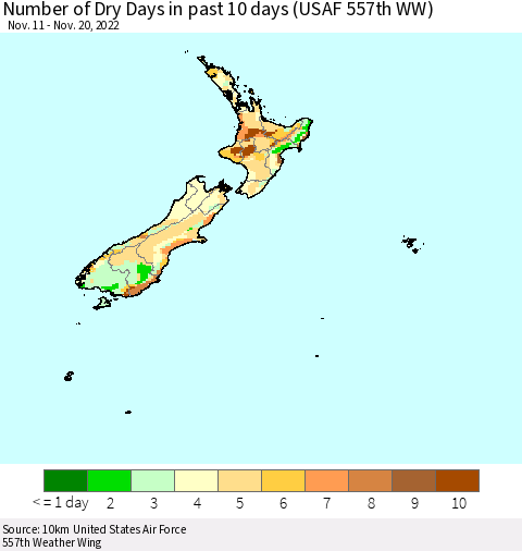 New Zealand Number of Dry Days in past 10 days (USAF 557th WW) Thematic Map For 11/16/2022 - 11/20/2022