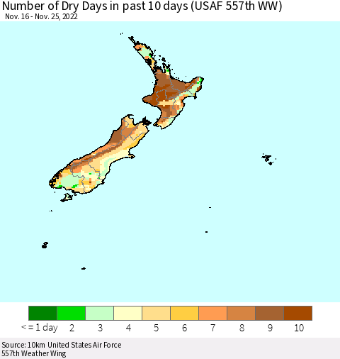 New Zealand Number of Dry Days in past 10 days (USAF 557th WW) Thematic Map For 11/21/2022 - 11/25/2022