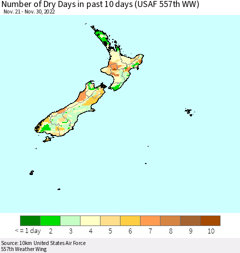 New Zealand Number of Dry Days in past 10 days (USAF 557th WW) Thematic Map For 11/26/2022 - 11/30/2022