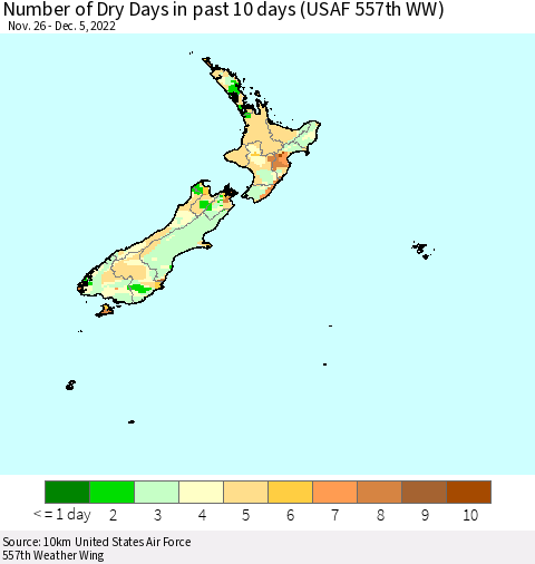 New Zealand Number of Dry Days in past 10 days (USAF 557th WW) Thematic Map For 12/1/2022 - 12/5/2022