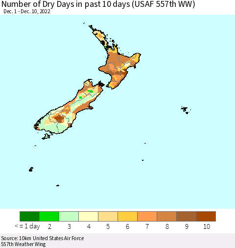 New Zealand Number of Dry Days in past 10 days (USAF 557th WW) Thematic Map For 12/6/2022 - 12/10/2022