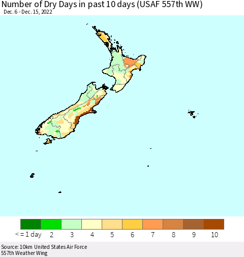 New Zealand Number of Dry Days in past 10 days (USAF 557th WW) Thematic Map For 12/11/2022 - 12/15/2022