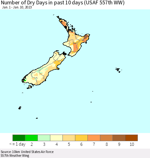 New Zealand Number of Dry Days in past 10 days (USAF 557th WW) Thematic Map For 1/6/2023 - 1/10/2023