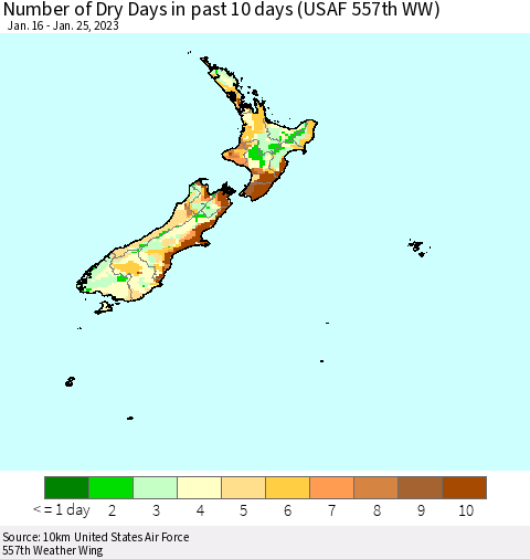 New Zealand Number of Dry Days in past 10 days (USAF 557th WW) Thematic Map For 1/21/2023 - 1/25/2023