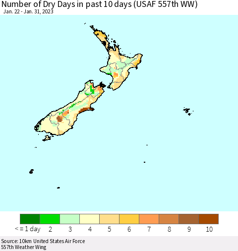 New Zealand Number of Dry Days in past 10 days (USAF 557th WW) Thematic Map For 1/26/2023 - 1/31/2023