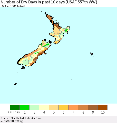 New Zealand Number of Dry Days in past 10 days (USAF 557th WW) Thematic Map For 2/1/2023 - 2/5/2023