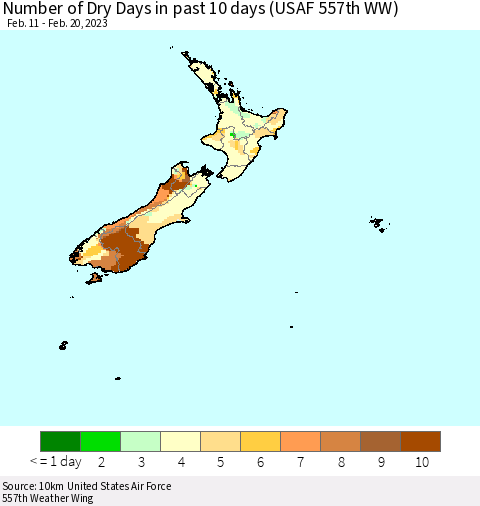 New Zealand Number of Dry Days in past 10 days (USAF 557th WW) Thematic Map For 2/16/2023 - 2/20/2023