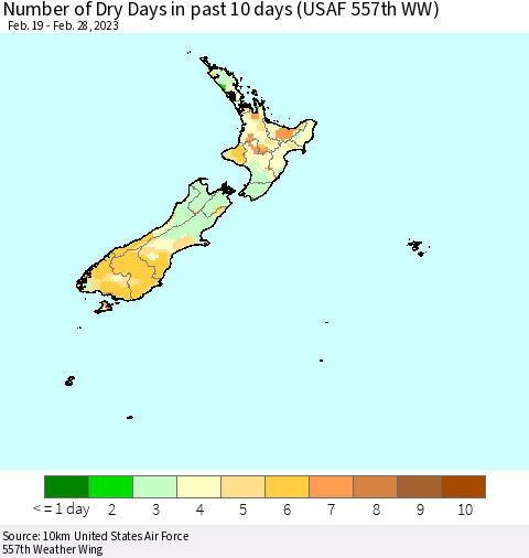 New Zealand Number of Dry Days in past 10 days (USAF 557th WW) Thematic Map For 2/26/2023 - 2/28/2023