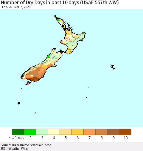 New Zealand Number of Dry Days in past 10 days (USAF 557th WW) Thematic Map For 3/1/2023 - 3/5/2023