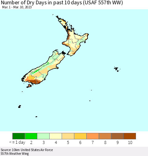 New Zealand Number of Dry Days in past 10 days (USAF 557th WW) Thematic Map For 3/6/2023 - 3/10/2023