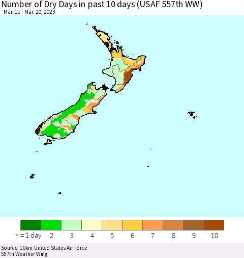 New Zealand Number of Dry Days in past 10 days (USAF 557th WW) Thematic Map For 3/16/2023 - 3/20/2023