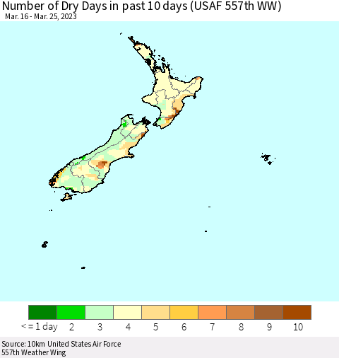 New Zealand Number of Dry Days in past 10 days (USAF 557th WW) Thematic Map For 3/21/2023 - 3/25/2023