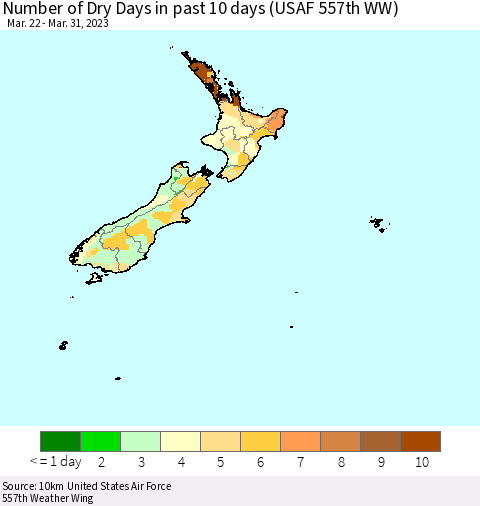 New Zealand Number of Dry Days in past 10 days (USAF 557th WW) Thematic Map For 3/26/2023 - 3/31/2023
