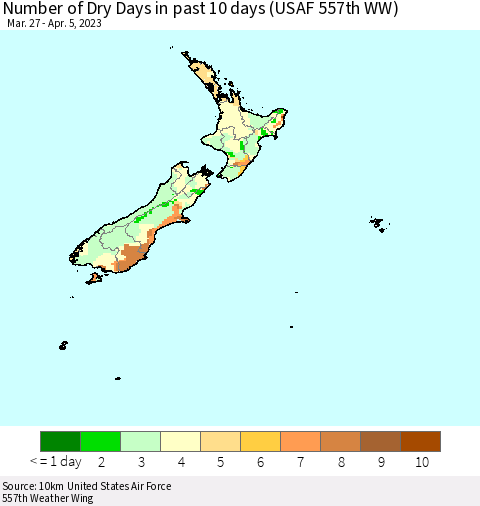 New Zealand Number of Dry Days in past 10 days (USAF 557th WW) Thematic Map For 4/1/2023 - 4/5/2023