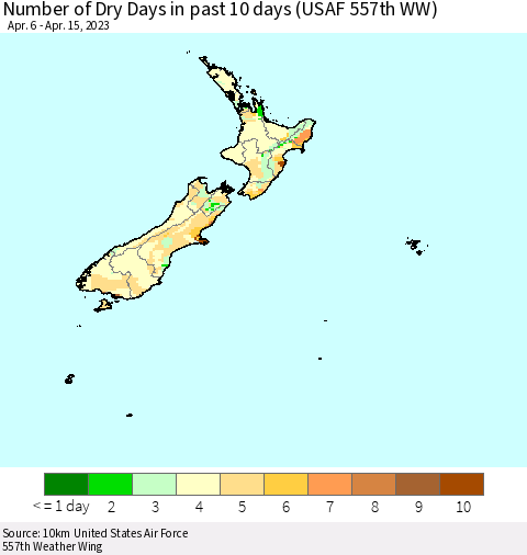 New Zealand Number of Dry Days in past 10 days (USAF 557th WW) Thematic Map For 4/11/2023 - 4/15/2023
