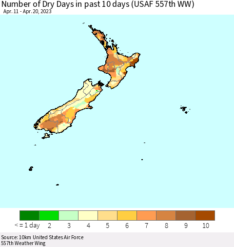 New Zealand Number of Dry Days in past 10 days (USAF 557th WW) Thematic Map For 4/16/2023 - 4/20/2023