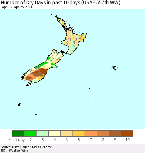 New Zealand Number of Dry Days in past 10 days (USAF 557th WW) Thematic Map For 4/21/2023 - 4/25/2023