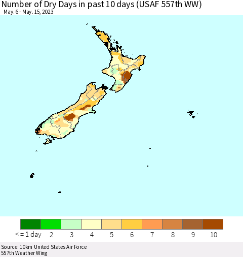 New Zealand Number of Dry Days in past 10 days (USAF 557th WW) Thematic Map For 5/11/2023 - 5/15/2023
